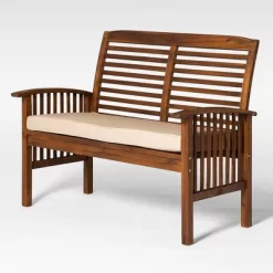 Ravenscroft Modern Boho Acacia Wood Slatted Outdoor Loveseat With Cushion - Saracina Home -Outdoor Garden GUEST cc174b51 e201 4d4d bdc1 4e90ccd2ded9