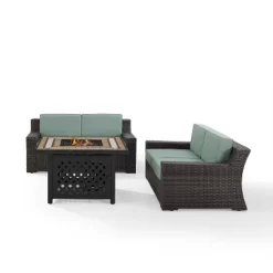 Beaufort 3 Pc Outdoor Wicker Conversation Set - 2 Loveseats With Fire Table - Mist/Brown - Crosley