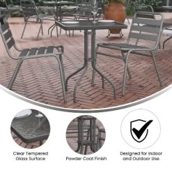 Emma And Oliver 23.5'' Square Glass Top Metal Table With 2 Aluminum Slat Stack Chairs 19 Emma And Oliver 23.5'' Square Glass Top Metal Table With 2 Aluminum Slat Stack Chairs -Outdoor Garden GUEST cde90c6b 830f 4c0b b1b2 492b86303f98