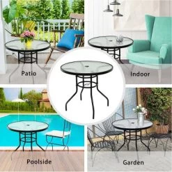 Costway 32'' Patio Round Table Tempered Glass Steel Frame Outdoor Pool Yard Garden -Outdoor Garden GUEST cf9658da 7f04 4415 b054 d42199c977f7