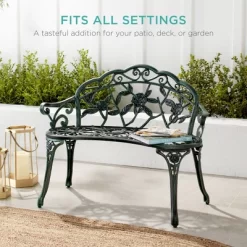 Best Choice Products Outdoor Bench Steel Garden Patio Porch Furniture W/ Floral Accent, Antique Finish