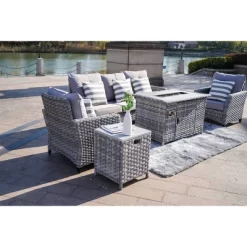5pc Patio Wicker Conversation Set With Fire Pit Light Gray - Direct Wicker