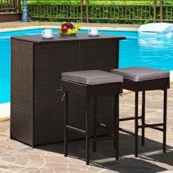 Costway Patio 3PCS Rattan Bar Table Stool Set Cushioned Chairs With Cover -Outdoor Garden GUEST d92bfd55 23b9 4d4d a494 6134258c3d9d