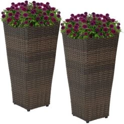 Sunnydaze Decor Sunnydaze Modern Decorative Standing Square Polyrattan Planter Containers - Brown - 2-Pack -Outdoor Garden GUEST daee6328 58ce 4b33 8786 5535c583206d