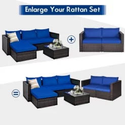 Costway 4PCS Patio Rattan Corner Sofa Sectional Furniture Set Navy Cushion -Outdoor Garden GUEST dc491373 203d 4282 b258 a7dea965f719