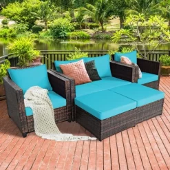 Costway 5PCS Patio Rattan Furniture Set Loveseat Sofa Ottoman Cushioned RedWhite -Outdoor Garden GUEST dcdf3545 06dd 4574 836f 5e14ed0c7ab9