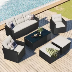 6pc Wicker Patio Conversation Set With Sofa, Arm Chairs, Ottomans & Coffee Table - Black/Beige - GODEER 16 6pc Wicker Patio Conversation Set With Sofa, Arm Chairs, Ottomans & Coffee Table - Black/Beige - GODEER -Outdoor Garden GUEST dd3f6e98 4c99 466f 92b6 ca58a1a47b74