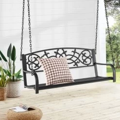 Costway 2-Person Metal Outdoor Porch Swing Hanging Patio Bench 485 Lbs Capacity BlackBrown -Outdoor Garden GUEST dd9415d1 0871 45f6 b13d 043698590178