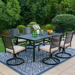 7pc Outdoor Dining Set With Steel Swivel Chairs & Large Rectangle Metal Table With Umbrella Hole - Black - Captiva Designs -Outdoor Garden GUEST dde36d24 19f4 45d6 8a8c c63cd26c26d6