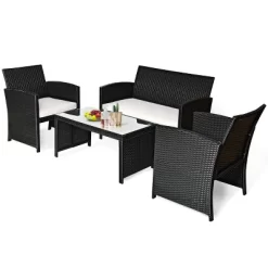 Costway 4PCS Patio Rattan Furniture Set Table &Sofa W/Cushion Garden Black -Outdoor Garden GUEST e0dc096b e6ed 41f3 8eb2 afbe25a1cf23