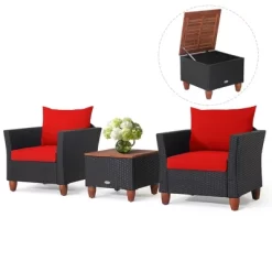 Costway 3PCS Patio Rattan Furniture Set Cushioned Sofa Storage Table With Wood Top Red/Black -Outdoor Garden GUEST e24b36cb 08f3 42f6 acde a57ad0d9bb82