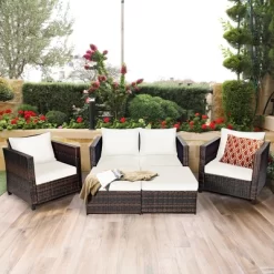 Costway 5PCS Patio Rattan Furniture Set Loveseat Sofa Ottoman Cushioned RedWhite -Outdoor Garden GUEST e2d21ecc 824c 4c3d 86e3 6b2d3f5202bf