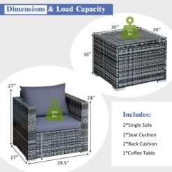 Tangkula 3-Piece Patio Wicker Conversation Set Bistro Rattan Sofa Chair With Washable Cushion Gray -Outdoor Garden GUEST e3587114 960d 459d a34f 54e03a71829a
