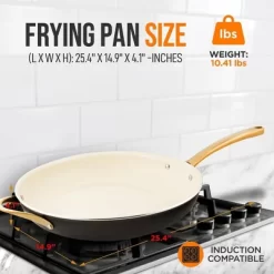 NutriChef 14" Extra Large Fry Pan - Skillet Nonstick Frying Pan With Golden Titanium Coated Silicone Handle, Ceramic Coating