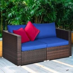 Costway 4PCS Patio Rattan Corner Sofa Sectional Furniture Set Navy Cushion -Outdoor Garden GUEST e3f46555 a5a5 4458 8019 cfb9d3a378e9