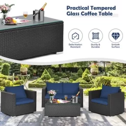 Costway 4PCS Patio Rattan Furniture Set Cushioned Sofa Loveseat With Navy & Turquoise Cover -Outdoor Garden GUEST e417f7c0 2f1f 4ece ab49 d9e62b008188