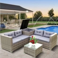 4pc Wicker Patio Conversation Seating Set With Thick Cushions - Gray - GODEER