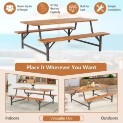 Costway Acacia Wood Patio Picnic Table Bench Set With 71'' Tabletop ＆ 2'' Umbrella Hole -Outdoor Garden GUEST ea4c75c9 6061 4fdd 9df7 270aeaf7921b