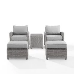 Bradenton 5pc Outdoor Wicker Seating Set With Side Table, 2 Arm Chairs And 2 Ottomans - Gray/Gray - Crosley -Outdoor Garden GUEST ecf04a13 c5d5 4f37 8973 fbe8099b0948