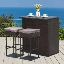 Costway Patio 3PCS Rattan Bar Table Stool Set Cushioned Chairs With Cover -Outdoor Garden GUEST f02ae369 2933 46f3 844d 6fcf6a4ba64c