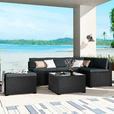 6pc Wicker Patio Conversation Set With Cushions - Black/Gray - GODEER 1 6pc Wicker Patio Conversation Set With Cushions - Black/Gray - GODEER