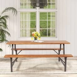 Costway Acacia Wood Patio Picnic Table Bench Set With 71'' Tabletop ＆ 2'' Umbrella Hole -Outdoor Garden GUEST f2a163e0 0ed5 4122 b3e9 243b7c3ad53b