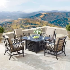 5pc Set With 42" Square Outdoor Aluminum Fire Table & Four Chairs - Oakland Living