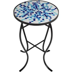 Teal Island Designs Modern Black Round Outdoor Accent Side Table 14" Wide Multi Blue Mosaic Tabletop For Front Porch Patio House Balcony -Outdoor Garden GUEST f424e1af 10ad 4abd 8265 f891cdba8f3f