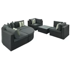 7pc Wicker Patio Seating Set With Cushions & Striped Pillows - Gray - GODEER -Outdoor Garden GUEST f6481e05 c3c5 4837 84ea 5b52261abd41