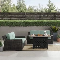 Beaufort 3 Pc Outdoor Wicker Conversation Set - 2 Loveseats With Fire Table - Mist/Brown - Crosley -Outdoor Garden GUEST f7924d88 8de2 4405 8a08 be9d578d5e4d