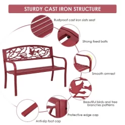 Costway Patio Garden Bench Park Yard Outdoor Furniture Cast Iron Porch Chair Red -Outdoor Garden GUEST f793f927 3e72 4b81 b345 6ed038f2d5a5