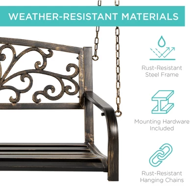 Best Choice Products 2-Person Metal Outdoor Porch Swing, Hanging Steel Patio Bench W/ Floral Accent - Bronze 1 Best Choice Products 2-Person Metal Outdoor Porch Swing, Hanging Steel Patio Bench W/ Floral Accent - Bronze