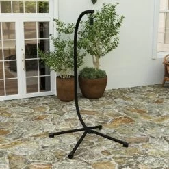 Merrick Lane Heavy Duty All-Weather Hanging Hammock Chair C-Stand With Steel Offset Base And 360 Degree Rotation, Black