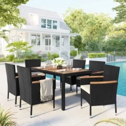 7pc Outdoor Wicker Dining Set With Acacia Wood Tabletop & Cushions - Beige - GODEER