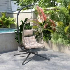 Merrick Lane Riley Foldable Woven Hanging Egg Chair With Removable Cushion And Stand For Indoor And Outdoor Use -Outdoor Garden GUEST fec59e5e 0ee1 4c18 8ff6 060f7246daf1